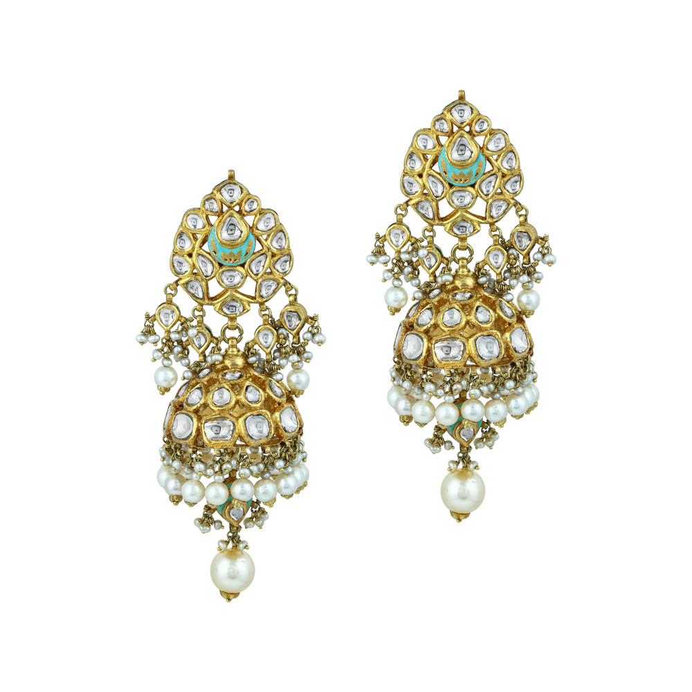 Mint Meenakari Necklace Set with Polki & Pearls